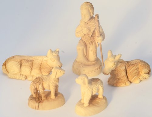 Statuette per il presepio in stile classico realizzate a Betlemme, 13 cm - Pastore, bue e asinello, 2 pecore.