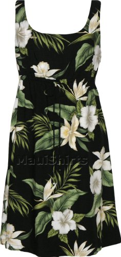 Empire Tie Front Short Tank - White Orchid Hibiscus Empire Waist Scoop Square Neck Knee Length Hawaiian Aloha Pullover Dress - Regular and Plus Size