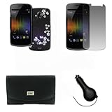 EMPIRE Verizon Samsung Galaxy Nexus I515 Black Leather Case Pouch with Belt Clip and Belt Loops + Stealth Rubberized Midnight Blue with White Flowers Design Snap-On Cover Case + Screen Protector + Retractable Car Charger (CLA) [EMPIRE Packaging]