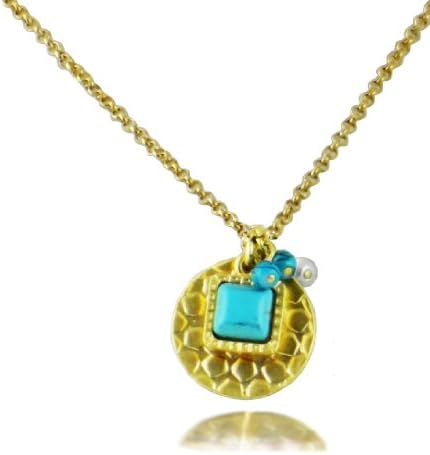 Matte Goldtone Hammered Coin Disc With Simulated Pearl & Turquoise Beads & Turquoise Charm Necklace