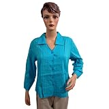 Womens Boho Fashion Shirt Bright Blue Cotton Pleated Blouse Medium Size