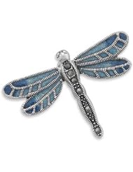 .925 Sterling Silver Fair Trade Blue Enamel and Marcasite Dragonfly Pin