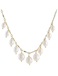 Graduated White Rice Freshwater Cultured Pearl Drops on Gold over Silver Bar Chain Necklace, 16"+2" Extender