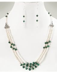 3 Strands Elegant Natural Faceted Green Emerald & Pearl Beaded Necklace with Free Earrings