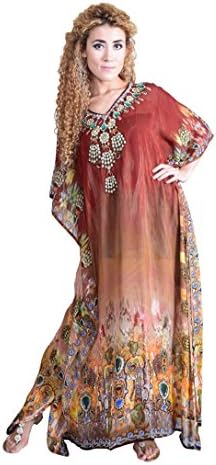 Barcelona Beachwear Women's Brown LONG Stone Emblished Neck Digital Print Kaftan