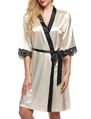 Ekouaer Women's Kimono Robe Knee Length Lingerie Sleepwear Short Satin XS-XL