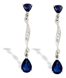 14K White Gold Pear Created Sapphire and Diamond Dangle Drop Earrings