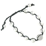 Crystal Pave 10mm Silvertone Bead Black Cord Buddhist Meditation Unisex Zen Bracelet
