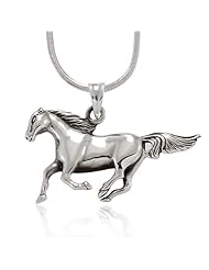 Chuvora .925 Sterling Silver High Polished Solid Running Horse Pony Charm Pendant with Rhodium Plated Chain Necklace w/ Lobster clasp 18"