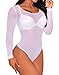 HUUSA Womens Sexy Long Sleeve Sheer Mesh Corset Bodysuit White Small