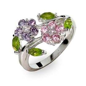 Eve's Addiction Sterling Silver Purple and Pink Flowers Ring