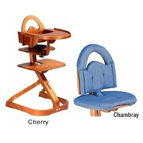 Svan High Chairs from Scandinavian Child with Infant Kit and Cushion, Chambray Cushion with Cherry Wood