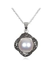Freshwater Button Pearl Pendant with Black CZ-18"