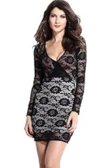 V-neck Long Sleeves Lace Floral Print Nylon/Polyester/Spandex Cocktail Above the Knee Club Dress/Evening Dress/Wedding Dress 