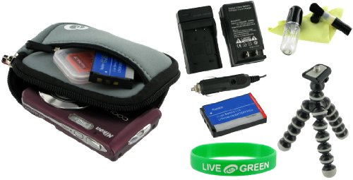 5n1 Neoprene Sleeve (Cool Grey) Case / NP BK1 945mAh Li Ion Battery / AC DC Charger / Tripod / LCD Cleaning Kit for Sony Cybershot DSC S950 Digital Camera Silver
