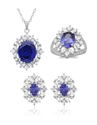 Sterling Silver Purple CZ Cluster Stud Earrings, Necklace and Ring Set
