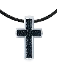 J.Goodman Sterling Silver/Black Alligator Inlay Cross Pendant with Braided Leather Cord