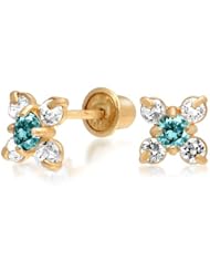 Bling Jewelry Kids Aquamarine Color Flower CZ Safety Screw Back Studs 14k Gold