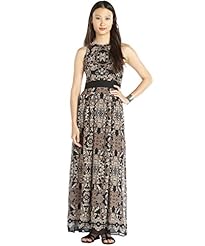 General Print Chiffon Sleeveless Natural   Waistline Jeweled Banding Pleated Maxi Dress 