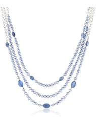 3 Row Blue Denim Baroque Freshwater Cultured Pearls and Kyanite Oval Accents on Silver-Tone Chain Necklace, 30"