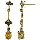 Revoni 9ct Gold Floral Oval Stone Dangle Earrings w/ 0.09 Carat Brilliant Cut Diamonds & 1.42 Carats (7x5mm) Oval Cut Citrine Stone, 1 3/16 in. (30mm) tall