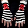 White and Black Striped "Skull and Crossbones" Fingerless Gloves