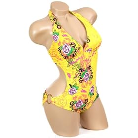Sexy Trendy Cute Summer Yellow Tattoo Print Print Monokini One-piece Bathing Suit Swimsuit Swimwear