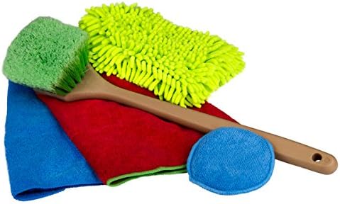 5-Piece Deluxe Car Care Kit: Interior and Exterior Microfiber Towels, Chenille Wash Mitt, 18" Long Brush, and Wax Applicator