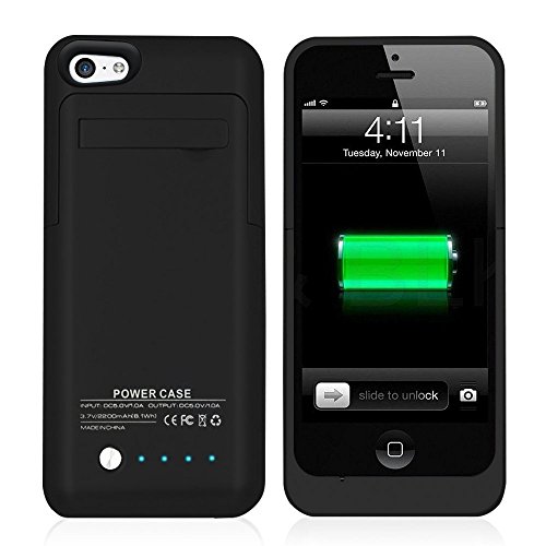 IPhone 5s Battery Case 2200 Mah Slim Battery Charger Case for iPhone 5/5s/5c by ISAKOÂ® with 4 LED Lights Built-in Pop-out Kickstand Support iOS 6 iOS 7 iOS 8 iOS 9(Black)