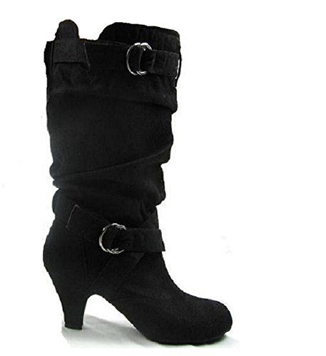 Codify Floyee-S Women's Mid Calf Slouch Buckle Decorative Riding Boots, Black Faux Suede, 9 B (M) US