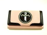 Ladies Trifold Faux Pink Leather Wallet with Black Trim and Rhinestone Cross