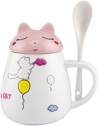 Pretty Housekeeper Creative cat ceramic cup with spoon funny coffee mug with lid Cute Bone China Mug cups set with handle,Cartoon face,11 Oz,Pink Closeeye