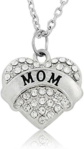 Thanksgiving Alloy Silver "Mom" Heat Shape Rhinestone Pendant Necklace (White)