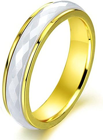 4.5Mm Dome White Ceramic/Titanium Ring Wedding Band Diamond Cutting Inner Golden Plated Sizes 6 To 10