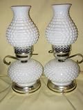 (2) Pair of Vintage Hobnail Milk Glass Hurricane Electric Table 3-Way Lamps - 14 Inches high by 6 Inches wide