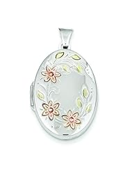 Sterling Silver Enamel Flower Oval Locket 32mm