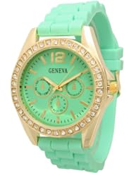 Womens Geneva Rhinestone-accented Chronograph Style Silicone Watch - Light Blue/Gold