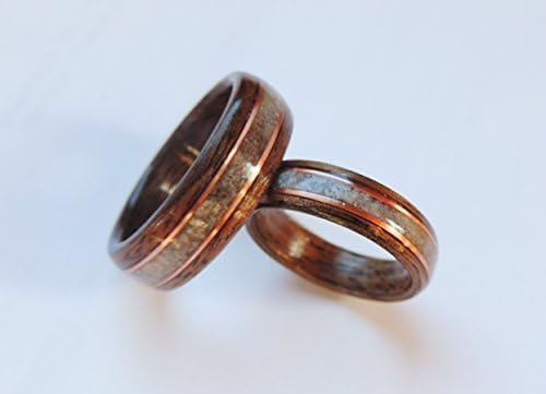 Bentwood Ring Wedding Set, Walnut and Deer Antler with Copper,Wooden Wedding Band, Wood Ring, Anniversary Engagement