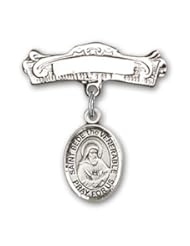 Sterling Silver Baby Badge with St. Bede the Venerable Charm and Arched Polished Badge Pin