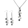 4-Strand Silver Heart Crystal Black/White Cultured Pearl Lariat with Black/White Dangle Earrings Set