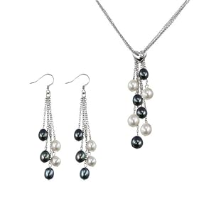 4-Strand Silver Heart Crystal Black/White Cultured Pearl Lariat with Black/White Dangle Earrings Set