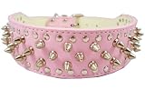 17-20 Pink Leather Spiked Studded Dog Collar 2 Wide, 31 Spikes 52 Studs