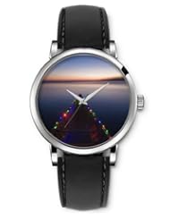 SPRAWL Aanalog Fashion Series Silver Ladies Watches of Genuine Black Leather Strap,Unique Wrist Watch for Women Girls Designed with Ceiling lights with sea view