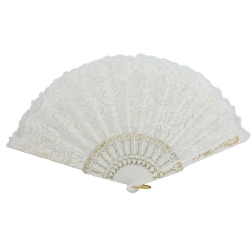 uxcell Lace Trim Plastic Ribs Peony Flower Cloth Folding Hand Fan White