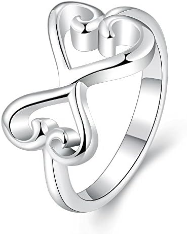 Women Men Silver Plated Double Love Heart Promise Engagement Wedding Ring Eternity Anniversary Band