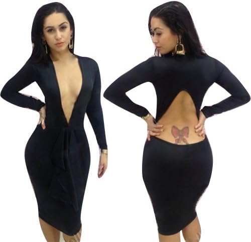 Black Goddess Hollow Out Open Back Long Sleeves Clubwear Bandage Bodycon Dress (S)