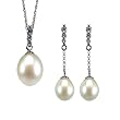 14k White Gold Diamond Journey Bail White Cultured Pearl Drop Pendant Necklace & Earrings Set - Dahlia Classic Collection