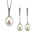 14k White Gold Diamond Journey Bail White Cultured Pearl Drop Pendant Necklace & Earrings Set - Dahlia Classic Collection