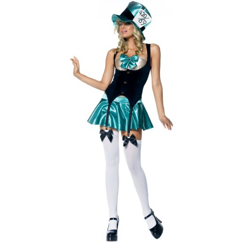 4Pc Alice In Wonderland Mad Hatter Sexy Holiday Party Costume(Black/Green;X-Small)