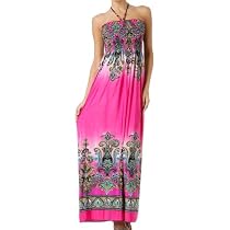 Paisley Graphic Print Beaded Halter Smocked Bodice Maxi / Long Dress